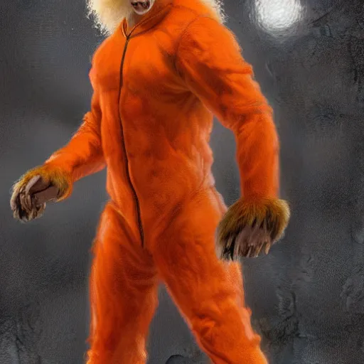 Prompt: aesthetic portrait commission of a of a male fully furry muscular anthro albino lion in orange in full body red jumpsuit outfit like from the film Us (2019) by Jordan Peele ,digital art,art by greg rutkowski, charles bowater, charlie bowater, ross tran, artgerm, and makoto shinkai, detailed face,hyperdetailed,photorealistic,artstation,deviantart,4k,detailed, inked, western comic book art, award winning painting ,high definition