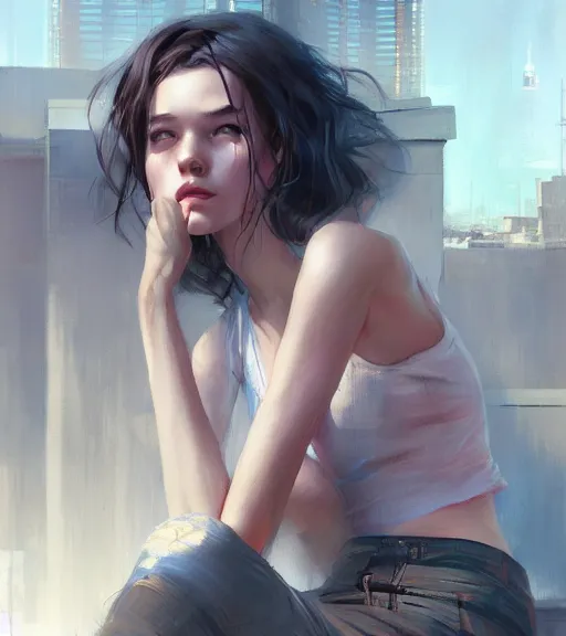 Image similar to girl sitting on a rooftop, cyberpunk, medium shot, realistic detailed face, wearing a shirt, by charlie bowater, by wlop, by jeremy lipking, expressive oil painting, portrait, digital art, photorealistic model shoot, realistic body