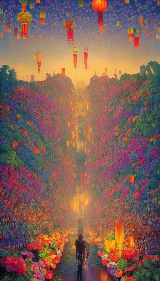 Image similar to The floral lands full of luminous lanterns, italian futurism, Dan Mumford, da vinci, Josan Gonzalez