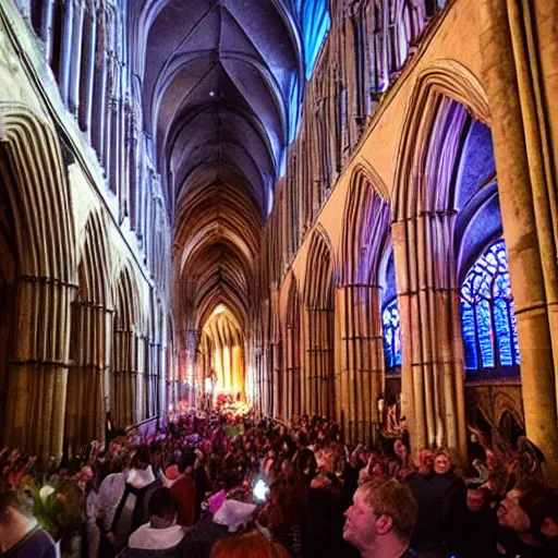 Image similar to 9 0 s rave inside exeter cathedral. flash photography