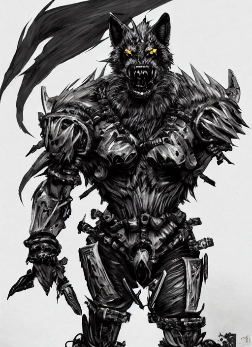 Image similar to Full body portrait of a scary gnoll wolf man. Armour made of human skulls. In style of Yoji Shinkawa and Hyung-tae Kim, trending on ArtStation, dark fantasy, great composition, concept art, highly detailed.