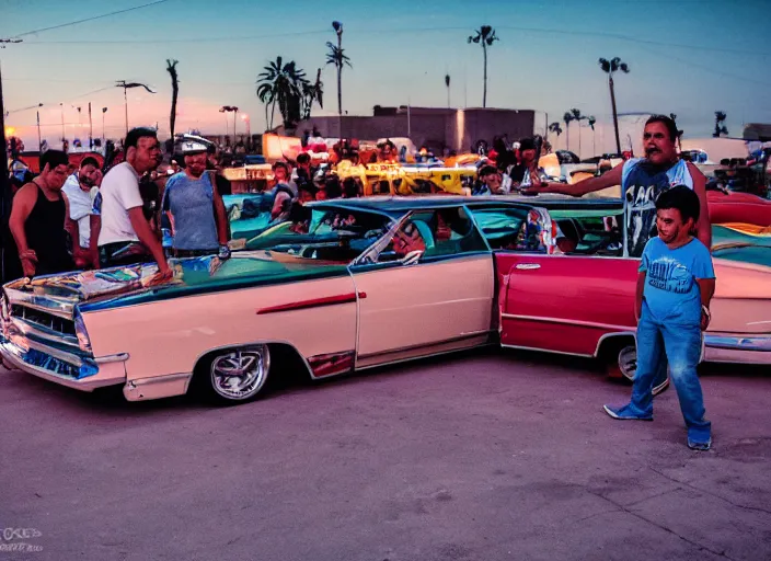 Image similar to chicano homeboys hanging out at a lowrider show at twilight in east los angeles, ilfochrome, 8 k resolution