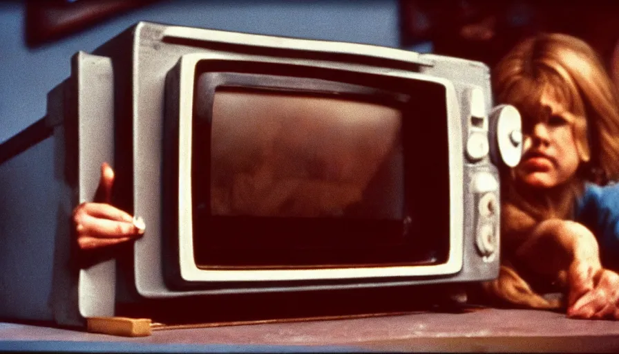 Prompt: 7 0 s film still from a horror movie with young adults staring at a television, kodachrome, cinecolor, cinestill, photorealism, cinematic, film grain, film texture, vhs recording