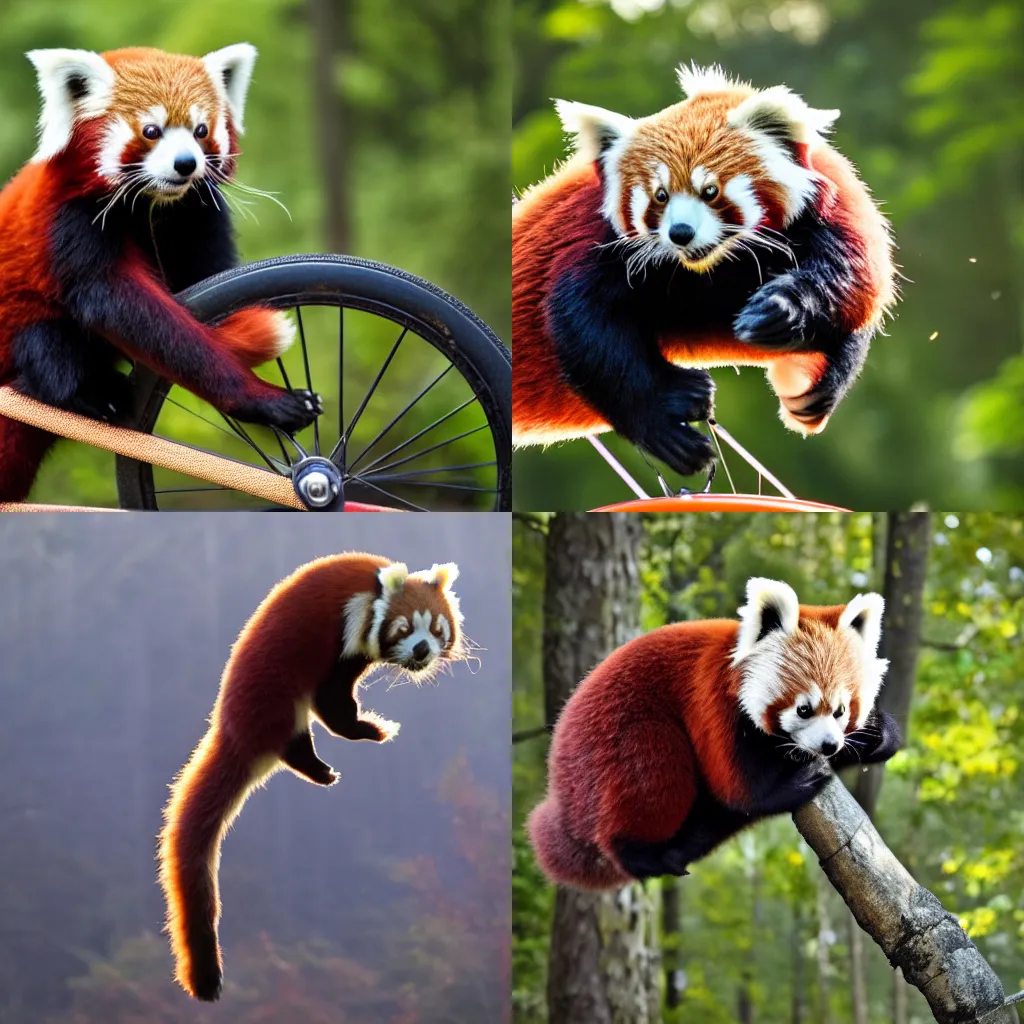 Prompt: red panda riding a unicycle, award winning photo, 4k, lens flare