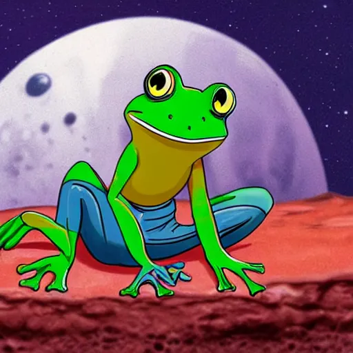 Image similar to frog on mars hanging out with cats,