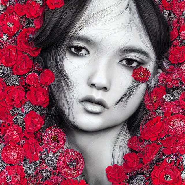 Prompt: studio portrait absurdly beautiful, elegant, graceful, young hypercolorful contrast black gravure idol rubies and red petals, ultrafine hyperrealistic detailed face illustration by kim jung gi, irakli nadar, intricate linework, sharp focus, bright colors, matte, octopath traveler, final fantasy, unreal engine highly rendered, global illumination, radiant light, intricate environment