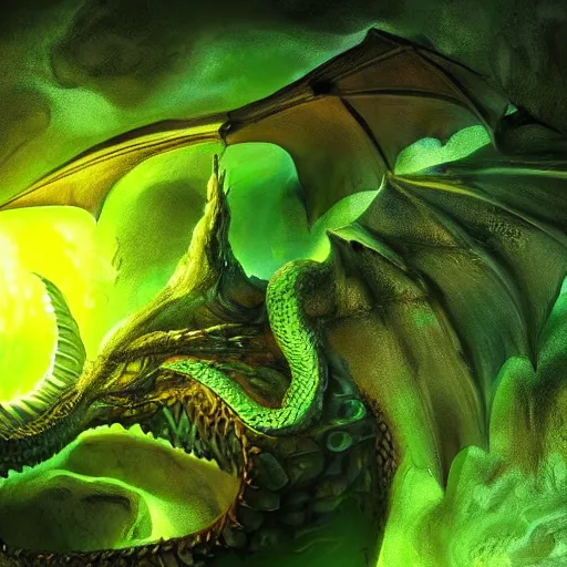 Image similar to a dragon made of slime, close up, green gas, exquisite detail, cinematic lighting, cave background, in the style of digital art