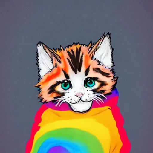 Image similar to wide angle full body, jacket wearing fluffy cute rainbow kitten wearing a black leather motorcycle jacket, cinematic concept art