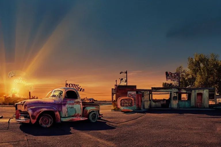 Image similar to a sunset light landscape with historical route 6 6, lots of sparkling details and sun ray ’ s, blinding backlight, smoke, volumetric lighting, colorful, octane, 3 5 mm, abandoned gas station, old rusty pickup - truck, beautiful epic colored reflections, very colorful heavenly, softlight