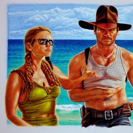 Prompt: dexter Morgan and Indiana jones go to the beach, portrait, highly detailed, colored pencil