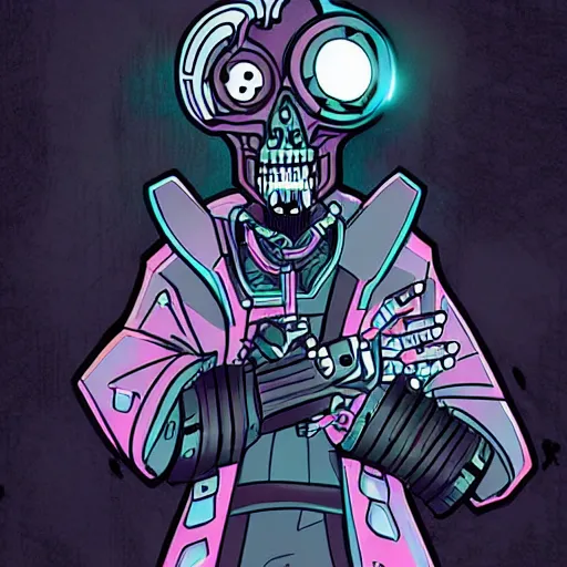 Prompt: a cyberpunk skull character drawn in the style of samurai jack