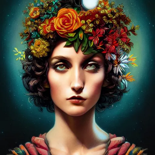Prompt: Lofi magicpunk portrait beautiful woman with short brown curly hair, roman face, phoenix, rainbow, floral, Tristan Eaton, Stanley Artgerm, Tom Bagshaw