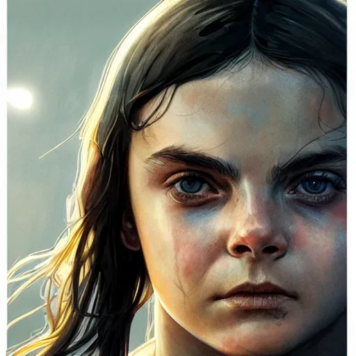 Prompt: dafne keen, mad max, cinematic shot, 8 k, art by artgerm and greg rutkowski and alphonse mucha