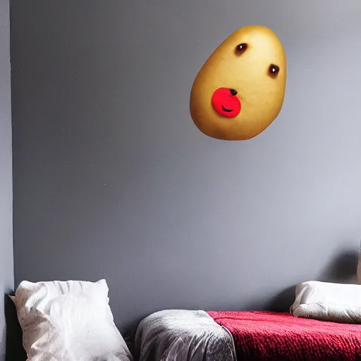 Image similar to a potato flying around a bedroom