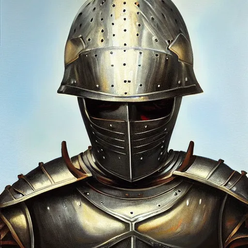 Prompt: beautiful oil portrait painting of alwyte armor, medieval armor, knight, natural light, medieval town