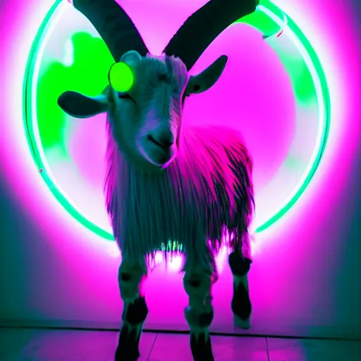 Prompt: stylish goat in a white jacket, retrowave, neon light,