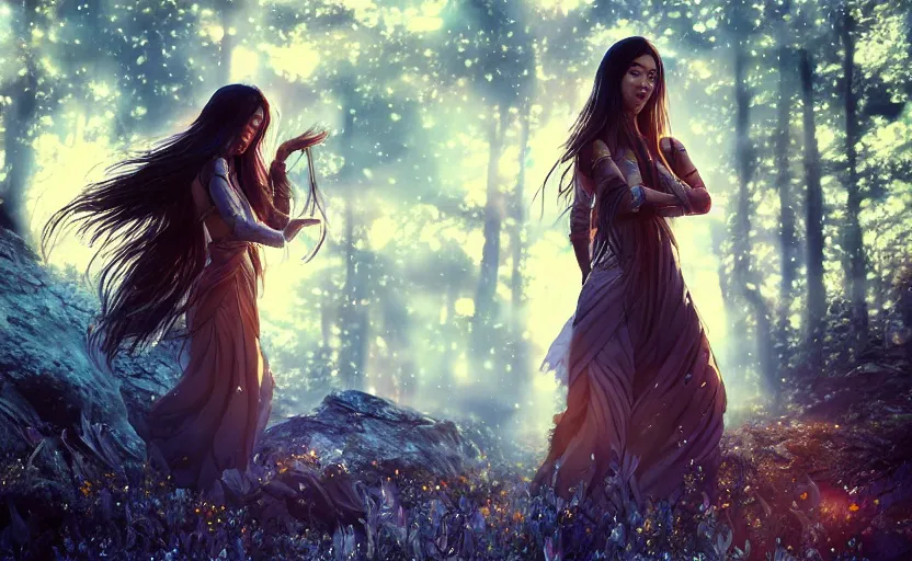 Image similar to beautiful Himalayan woman, sci-fi tibetan fashion, brown very very long hair, somber, scene of a summer forest with glowing blue lillies, dramatic light, wide angle, dramatic pose, dramatic angle , 8k hdr pixiv by Makoto Shinkai and Wojtek Fus