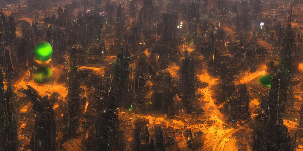 Prompt: big futuristic city like coruscant, with a yellow green smog sky, cinematic lighting, power plants with smoke, factories, tall metal towers, flying metal orbs with red lights, flying vehicles, a big moon in the sky, one blimp in the distance, hd 4k photo