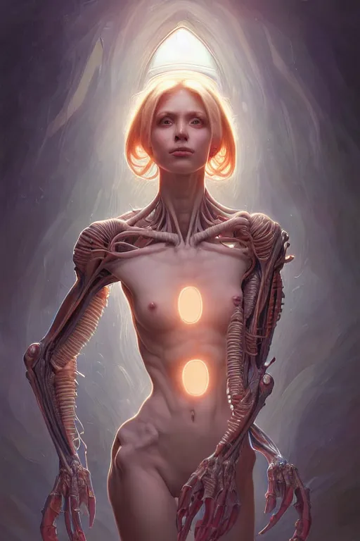 Prompt: clear portrait of a alien attractive women, cottagecore!!, background hyper detailed, character concept, full body, dynamic pose, glowing lights!! intricate, elegant, highly detailed, digital painting, artstation, concept art, smooth, sharp focus, illustration, art by artgerm and greg rutkowski and alphonse mucha