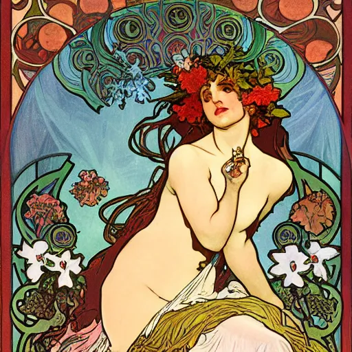 Image similar to persephone as godess of hell, death and flowers, painted by alphonse mucha