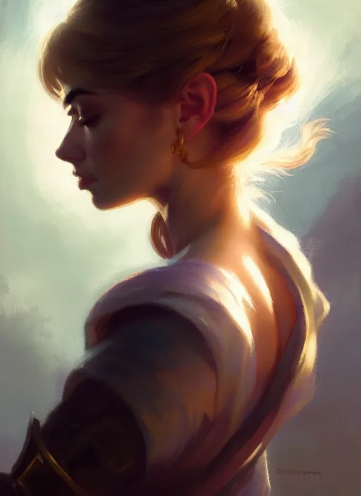 Image similar to side portrait, imogen poots, paladin, gloomhaven, soft, smooth, luminescent, by greg manchess, huang guangjian, gil elvgren, sachin teng, greg rutkowski, jesper ejsing, rhads, ilya kuvshinov, cushart krenz