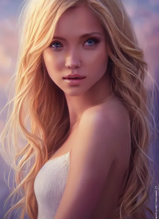 Image similar to picture of a gorgeous female with long blonde hair in the style of stefan kostic, realistic, full body shot, wide angle, sharp focus, 8 k high definition, insanely detailed, intricate, elegant, art by stanley lau and artgerm, floating embers