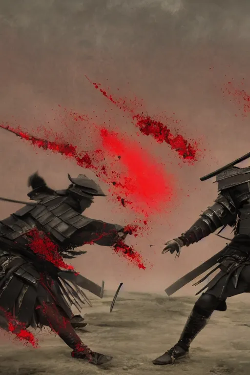 Prompt: a close up shit of the bloodiest samurai battle in history. Two samurai dueling, many dead with Sashimono. Greg rutkowski legendary matte painting.. 4k, particles light,