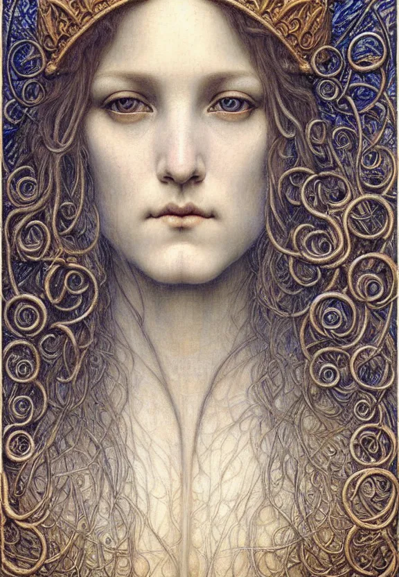 Image similar to detailed realistic beautiful young medieval queen face portrait by jean delville, gustave dore and marco mazzoni, art nouveau, symbolist, visionary, gothic, pre - raphaelite. horizontal symmetry