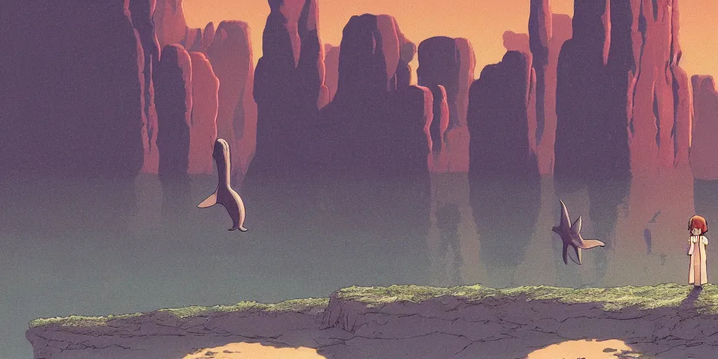 Image similar to a realistic cell - shaded studio ghibli concept art from paprika ( 2 0 0 6 ) of an anthropomorphic dolphin from close encounters of the third kind ( 1 9 7 7 ) in a flooded monument valley stonehenge. very dull colors, wide shot, hd, 4 k, hq