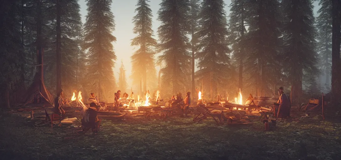 Image similar to longhouse, campfire, teepee, very detailed, octane render, realistic, 8 k, unreal engine 5, dramatic, volumetric, dead trees, dusk, greg rutkowski