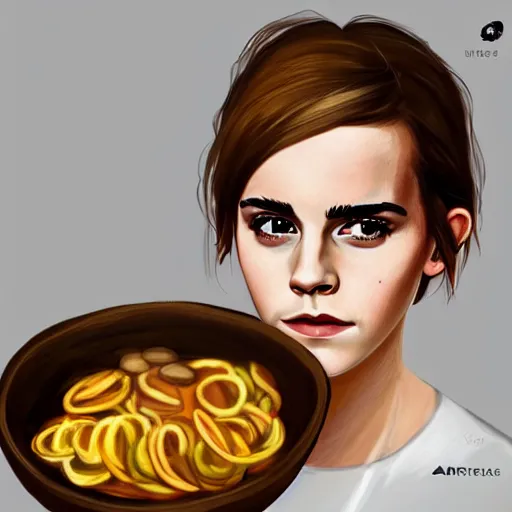 Image similar to portrait of emma watson eating a bowl of worms, trending on artstation