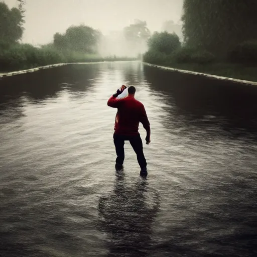 Image similar to angry man throwing his phone into a river, dslr, 8 k, octane beautifully detailed render, sad mood, cinematic lighting, detailed photo, masterpiece, volumetric lighting, ultra realistic, highly detailed, high quality, lossless, photorealistic