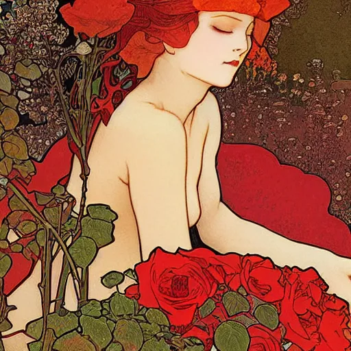 Image similar to A girl lying on a bush, hopeful ,rose .red and orange theme by mucha and murata range