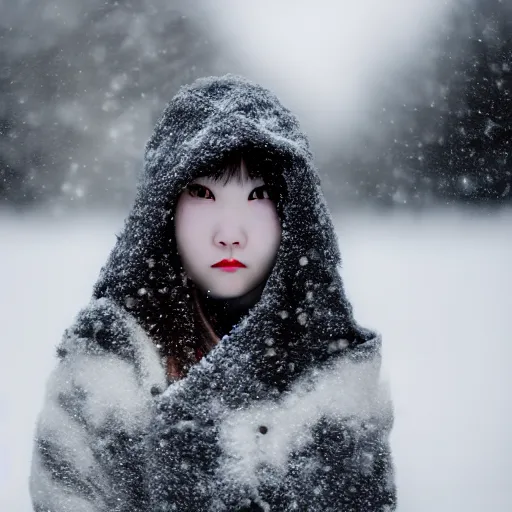 Image similar to the piercing stare of yuki onna, snowstorm, blizzard, mountain snow, canon eos r 6, bokeh, outline glow, beauty