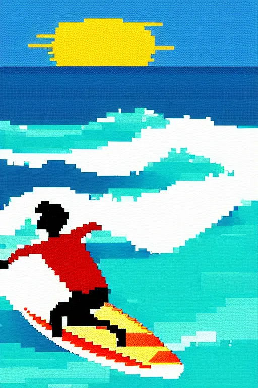 Prompt: a surfer on surfboard on a big wave. sun and sea. colorful. pixelart.