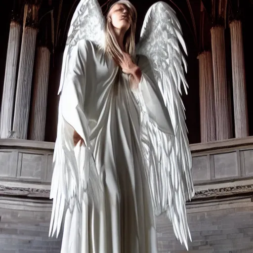 Prompt: tall female angel is long flowing robes, feathered wings, shrouded, veiled, ornate gothic cathedral