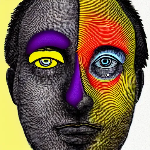 Image similar to medical drawing of a man with colorful optical illusions on his face