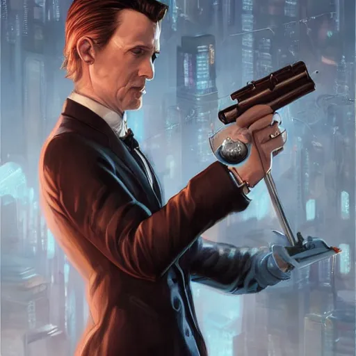 Prompt: reginald hargreeves with a cane and a revolver, wearing a pocket watch, cyber punk setting, time travel deep focus, turnaround, fantasy, intricate, elegant, highly detailed, digital painting, artstation, concept art, matte, sharp focus, illustration, art by artgerm and greg rutkowski