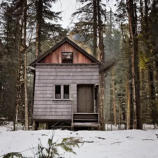 Image similar to an Eerie cabin in the middle of the woods in the style of 19th century Hudsons bay river school of art