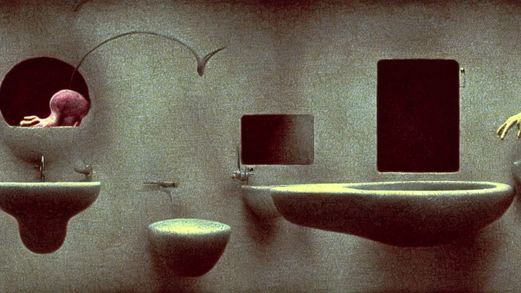 Image similar to the strange creature in the sink, they look at me, film still from the movie directed by wes anderson and david cronenberg with art direction by salvador dali and zdzisław beksinski, wide lens