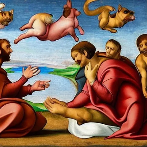 Prompt: the creation of adam by michelangelo but the people are replaced with shiba - inu dogs, renaissance painting