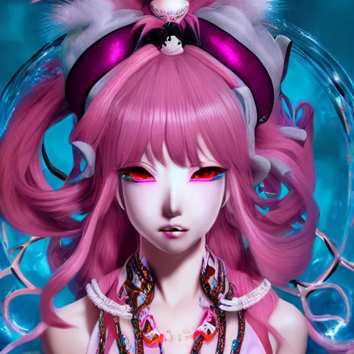 Image similar to trapped beneath stunningly absurdly beautiful omnipotent asi goddess junko enoshima with multiple megalomaniacal personalities, symmetrical perfect face, porcelain skin, pink twintail hair and cyan eyes, ultra detailed, digital art, unreal engine 5, octane render, 2 d anime, 8 k