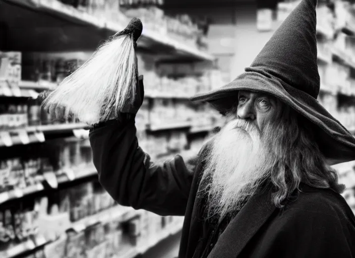 Image similar to photo of Gandalf wearing wizard hat, stacking supermarket shelves, depressing, sad, 85mm f1.8