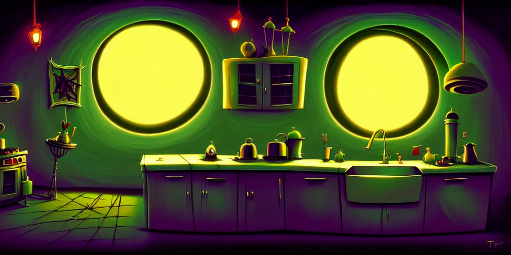 Prompt: curved perspective digital art of a dark kitchen without windows lights off from Tim Burtons Nightmare Before Christmas by Petros Afshar