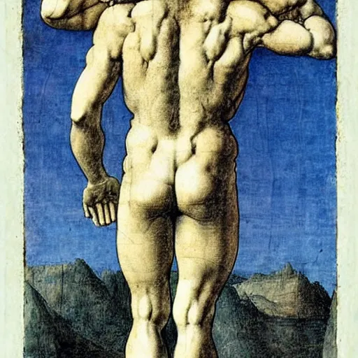 Image similar to atlas holding the world in his back painted by leonardo da vinci