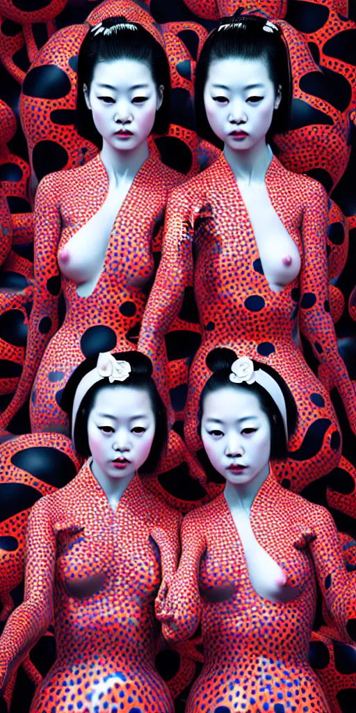 Image similar to hyperrealistic detailed image of a geisha twins in a art installation room, hd smooth interior by yayoi kusama, part by kei mieno, part by ross tran, dark art by james jean, ultra realistic, highly detailed, life like face, detailed body, 8 k, 3 d render by roger magrini, masterpiece