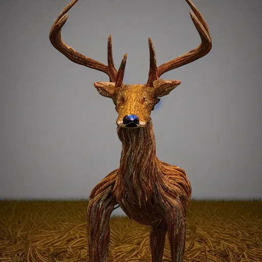 Prompt: hyperealistic sculpture of a deer with rusty pipes extruding from its body, body horror, mechanical bodies, scary, disturbing, eerie 8K, full hd, 3D render, SCP Foundation, found footage, living creature