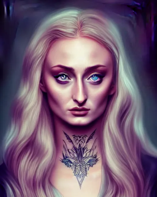 Prompt: beautiful woman Sophie Turner with full sleeve tattoos and neck tattoo, symmetrical face, portrait, Charlie Bowater character art, cinematic lighting