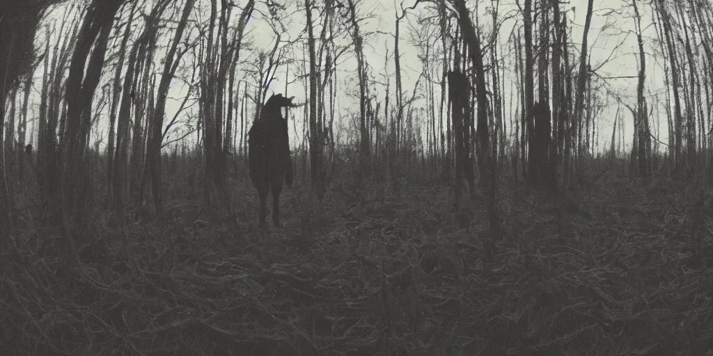 Prompt: A gopro shot of a spooky werewolf with long hair in the swamp at night, horror movie, found footage, cryptid