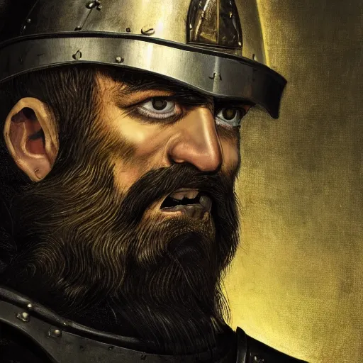 Image similar to Closeup of frustrated male medieval sergeant with a {short} beard wearing a {black!!!! and yellow tabard} over a steel breastplate and a black gambeson looking up from a map on a table, intricate, dramatic lighting illustration by Greg Rutkowski, {perfect face}, {perfect eyes}, fantasy